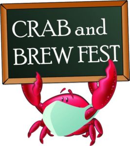 Crab with mask holding a sign that says Crab and Brew Fest