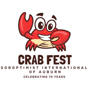 Happy crab with one pincher raised. The words "Crab Fest, Soroptimist International of Auburn, Celebrating 75 Years" are below the image.